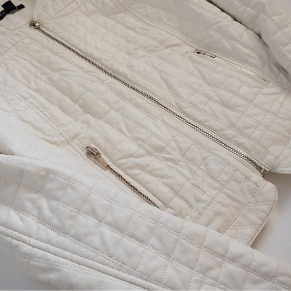 𝅺Forever 21 White Vegan Faux Leather Moto Jacket Coat Checker Print Size L NWOT - Picture 5 of 14